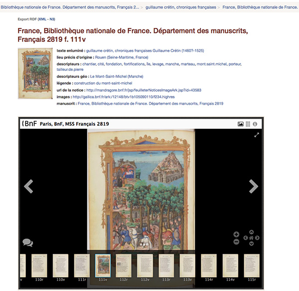 Page de notice avec le visualiseur Mirador intégré Capture d'écran notice et visualiseur Mirador